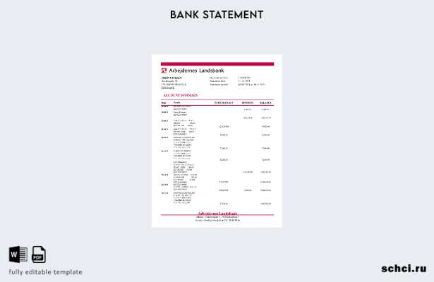 скачать цифровую версию шаблон Excel выписки по счету Arbejdernes Landsbank в Да